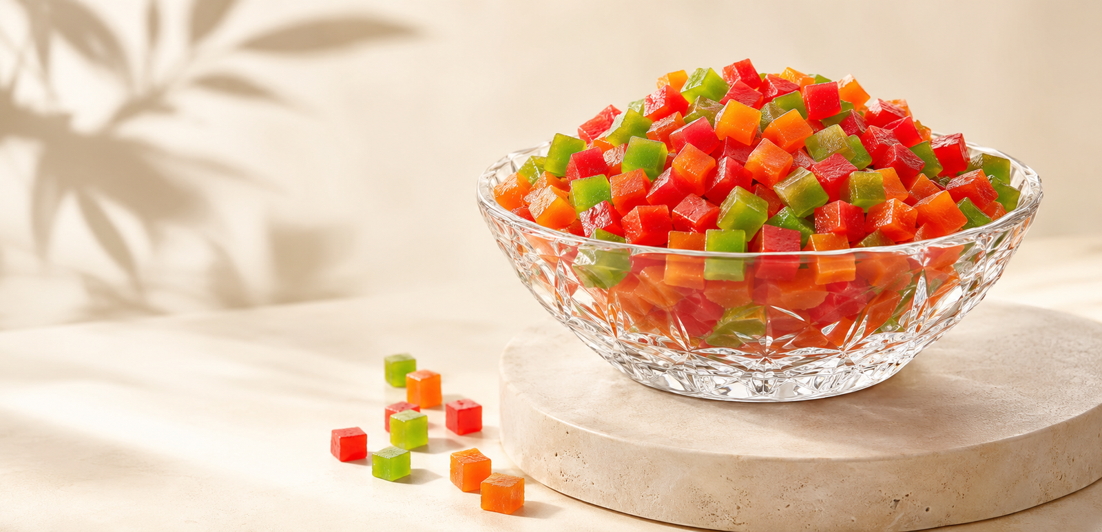 Red, green and orange Tutti Frutti candied papaya dices in a glass bowl